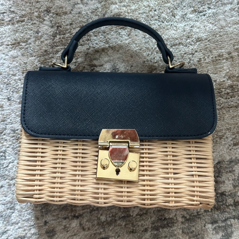 Navy and Tan Woven Handbag